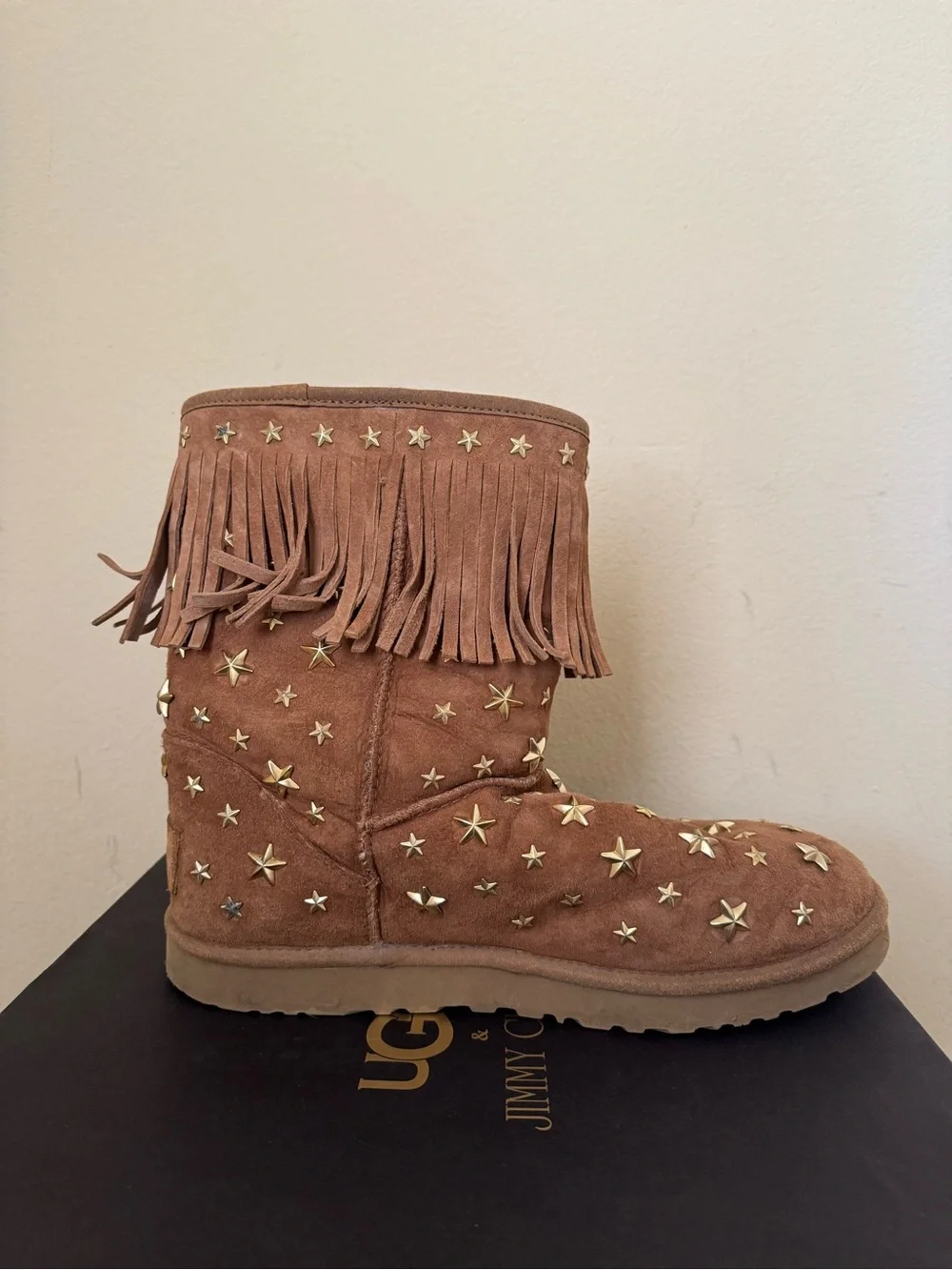 Ugg x Jimmy Choo Starlit Studded Boots Fringe Suede Chestnut US 11